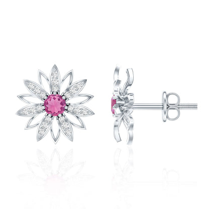 Round Pink Tourmaline Flower Stud Earrings with Diamond