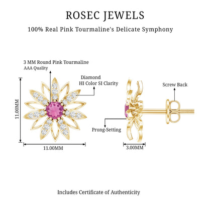 Round Pink Tourmaline Flower Stud Earrings with Diamond