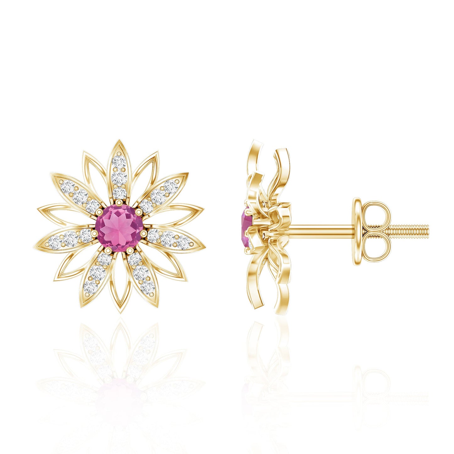 Round Pink Tourmaline Flower Stud Earrings with Diamond
