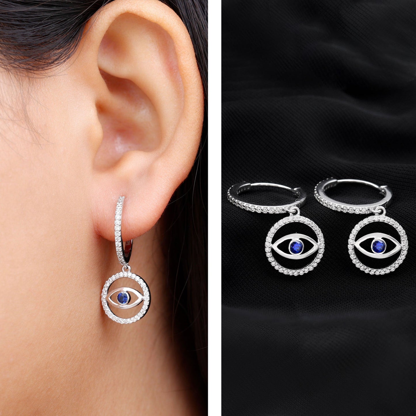 Real Blue Sapphire and Diamond Evil Eye Hoop Drop Earrings