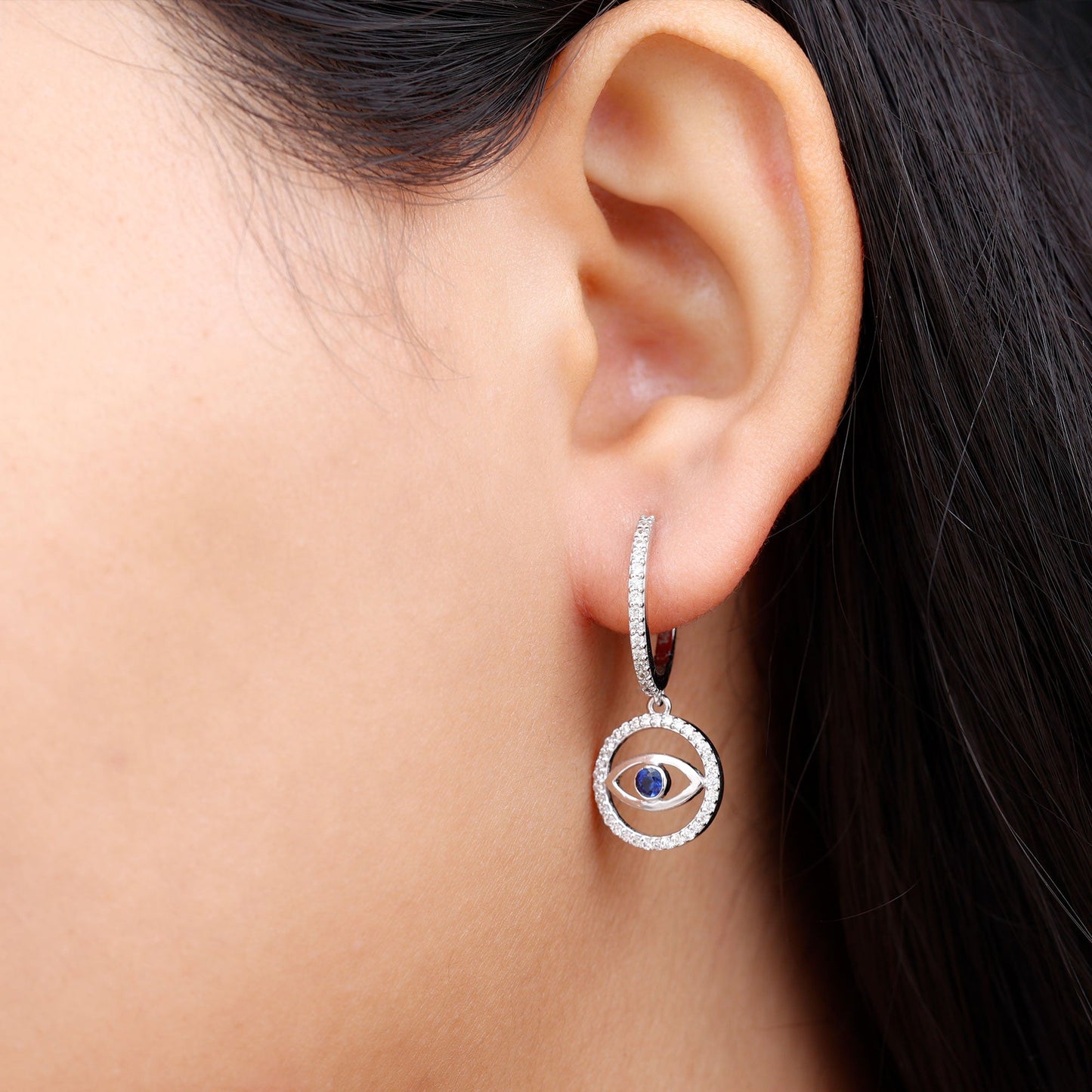 Real Blue Sapphire and Diamond Evil Eye Hoop Drop Earrings