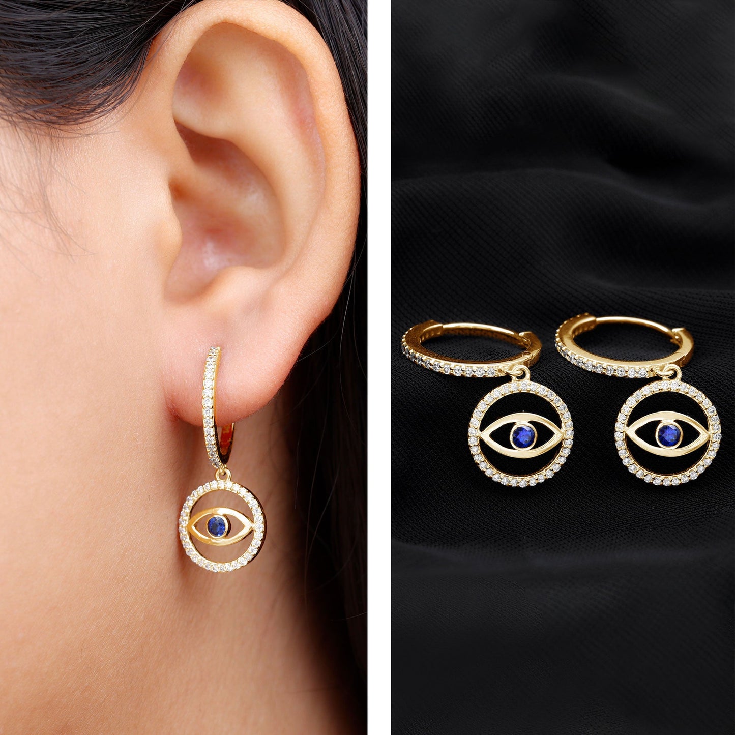 Real Blue Sapphire and Diamond Evil Eye Hoop Drop Earrings