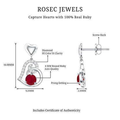 Round Ruby Heart Drop Earring with Diamond Accent