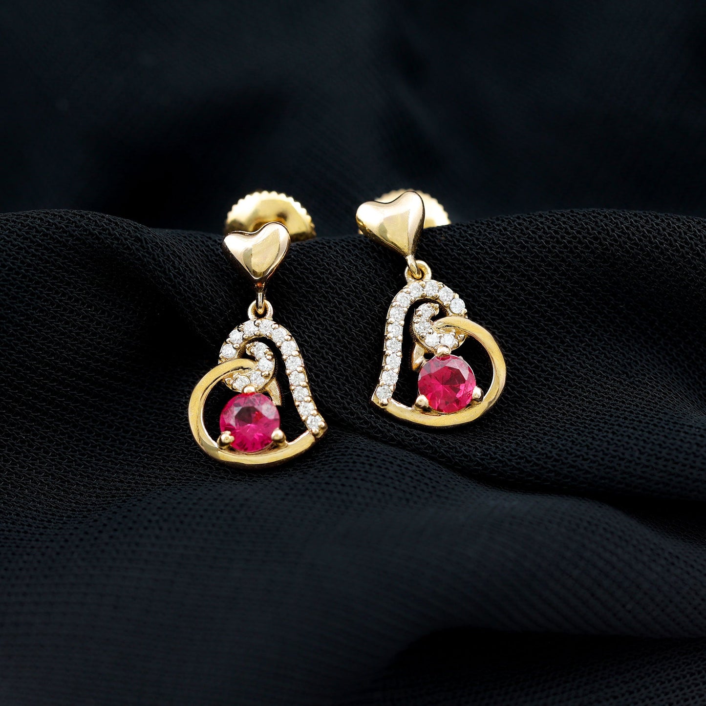 Lab Created Ruby and Diamond Heart Drop Earrings