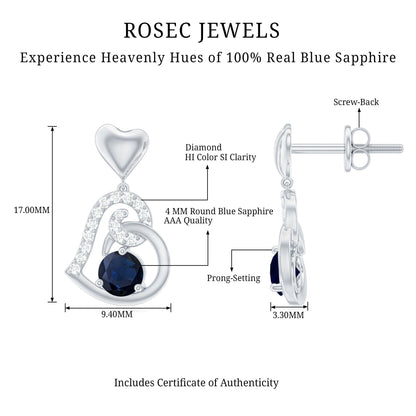 Real 0.8 Carat Blue Sapphire and Diamond Dangling Earrings
