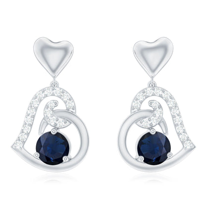 Real 0.8 Carat Blue Sapphire and Diamond Dangling Earrings