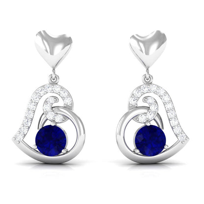 Real 0.8 Carat Blue Sapphire and Diamond Dangling Earrings