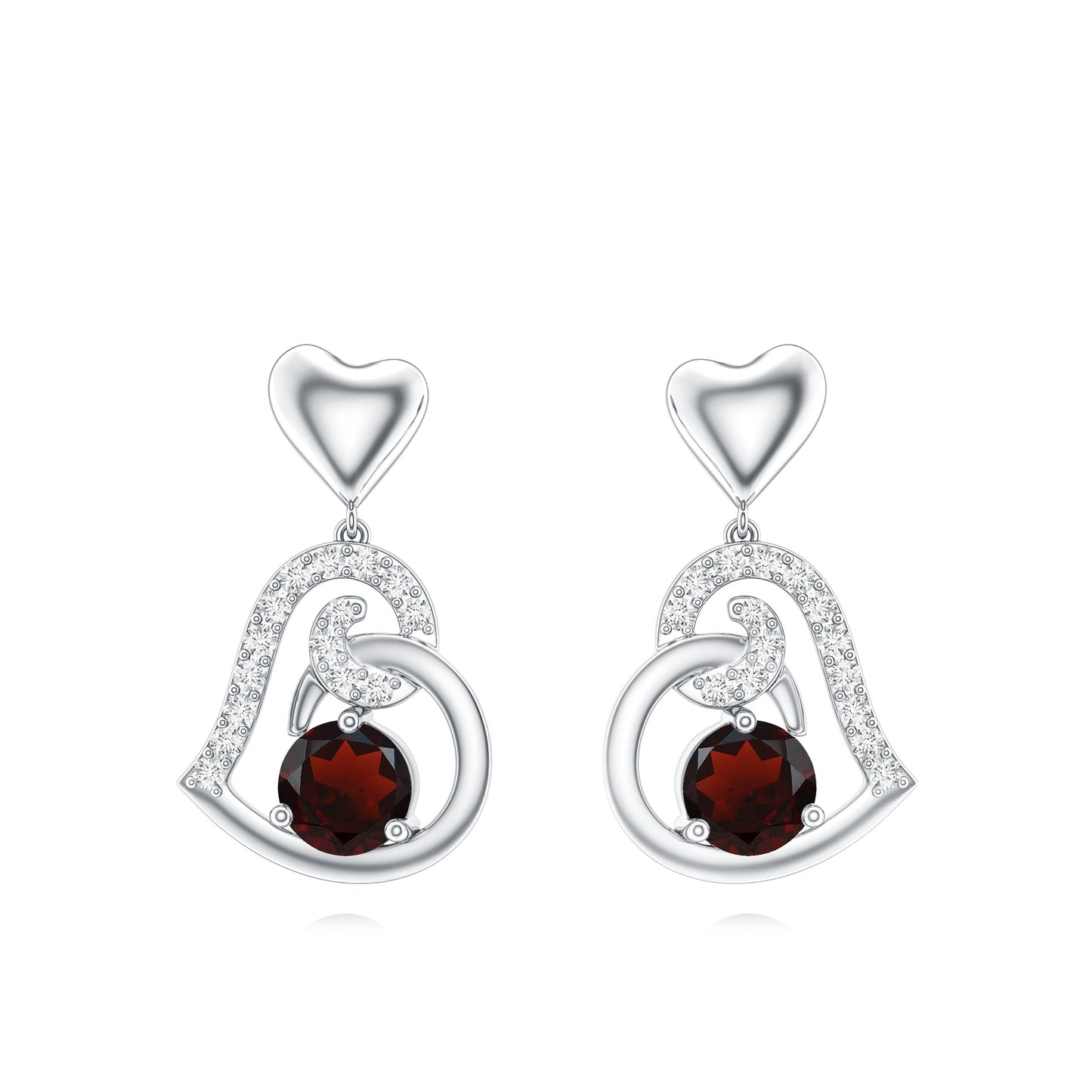 Garnet Heart Drop Earrings with Diamond Accent