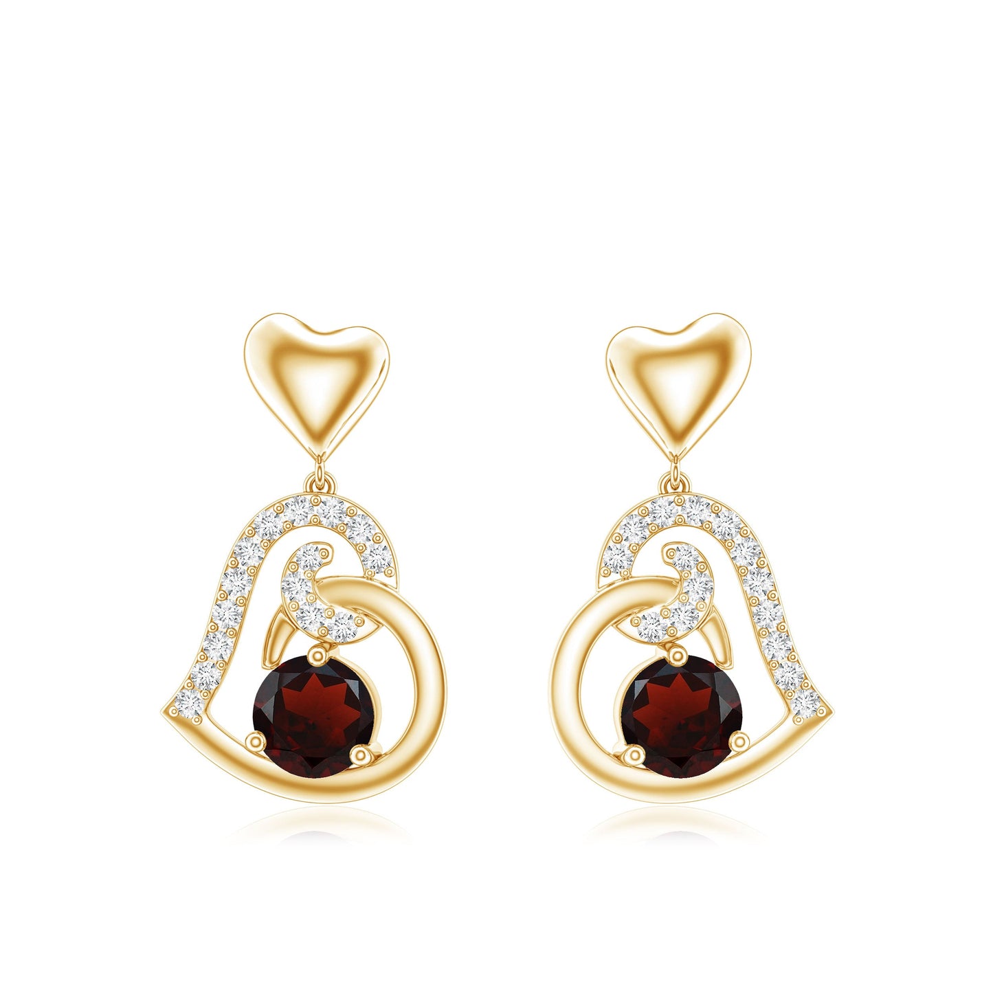 Garnet Heart Drop Earrings with Diamond Accent