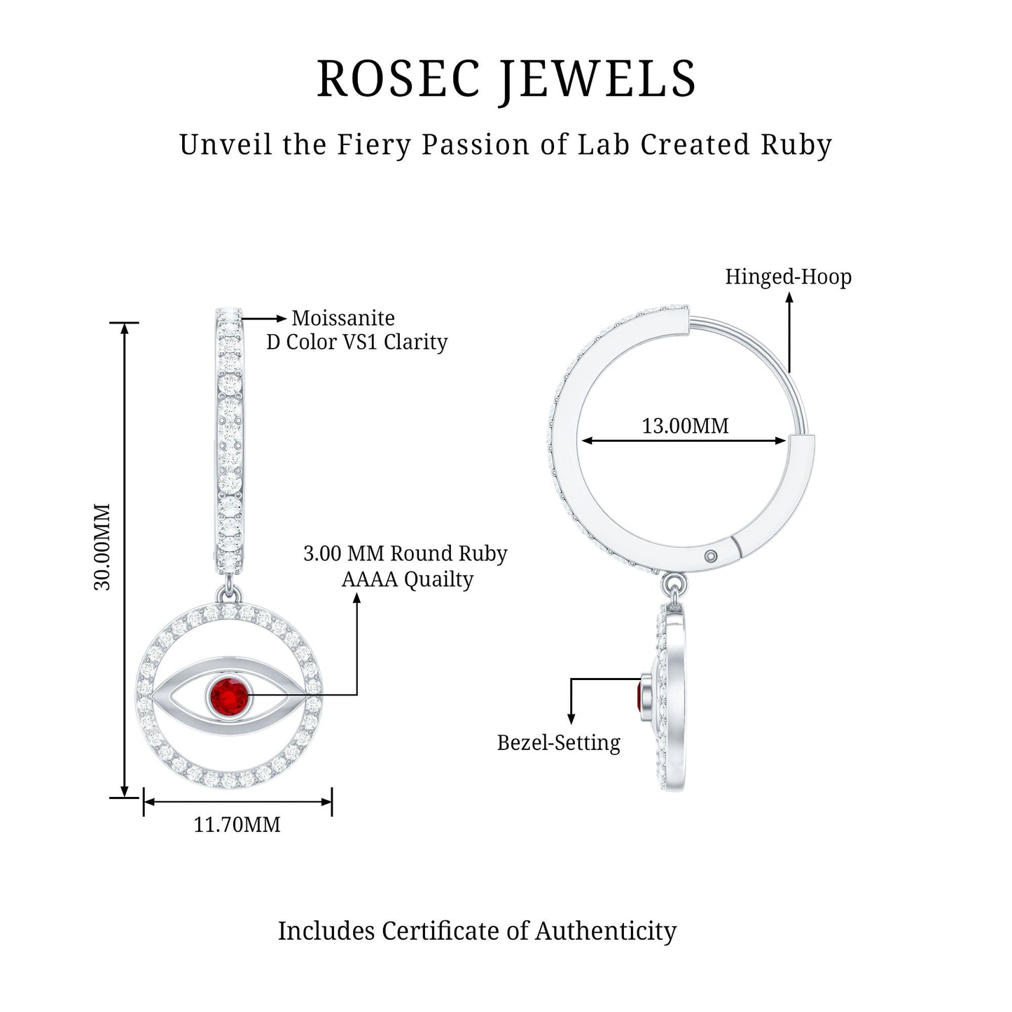 Lab Created Ruby and Moissanite Evil Eye Hoop Drop Earrings
