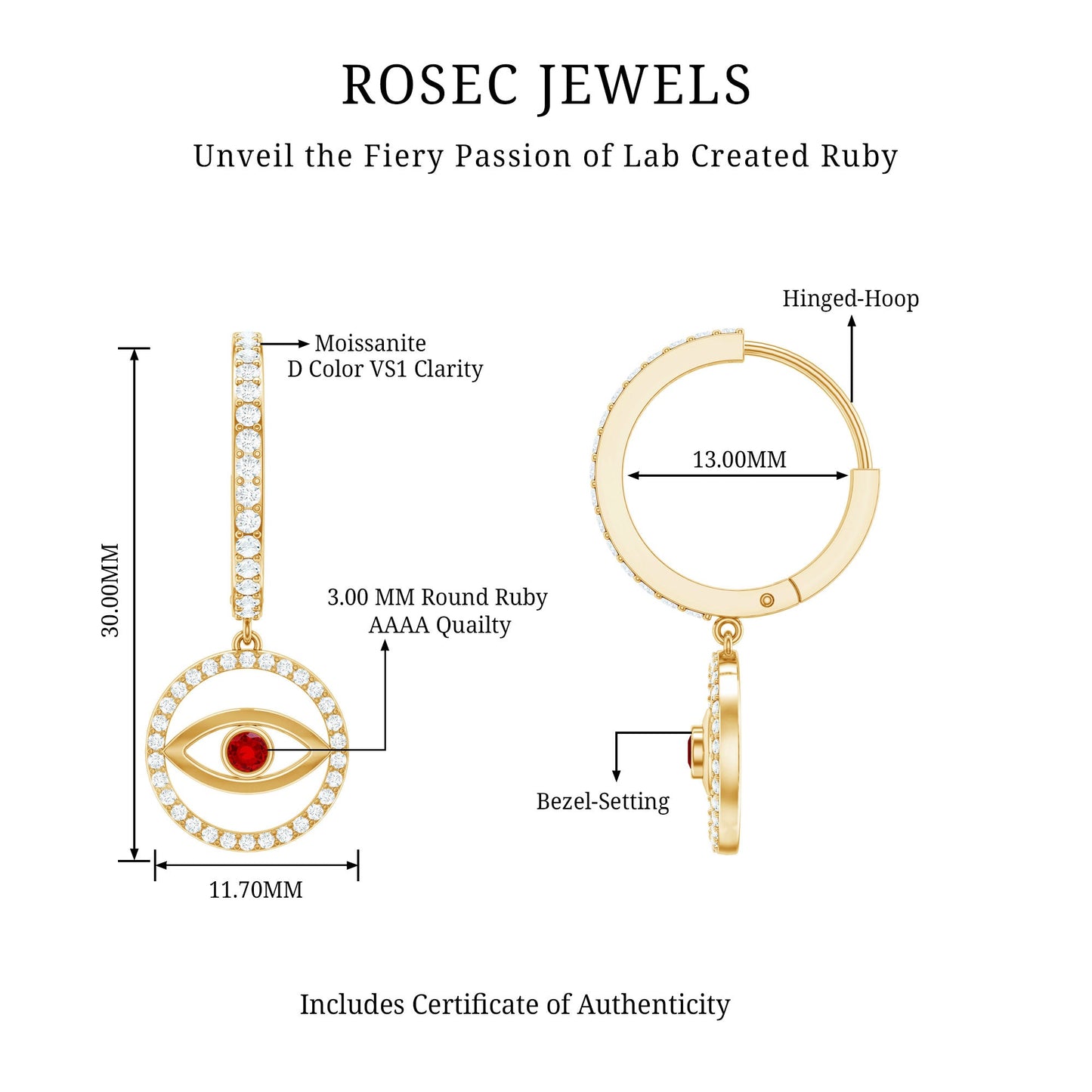 Lab Created Ruby and Moissanite Evil Eye Hoop Drop Earrings