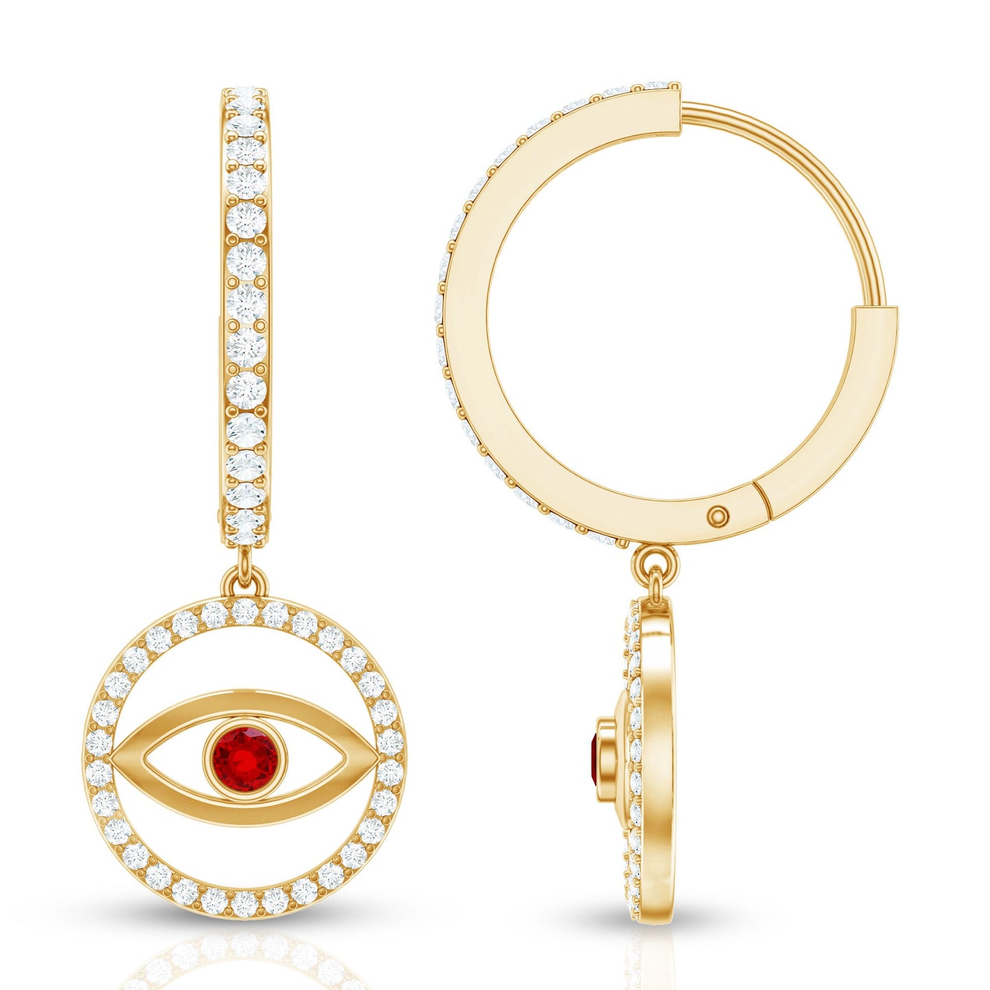 Lab Created Ruby and Moissanite Evil Eye Hoop Drop Earrings
