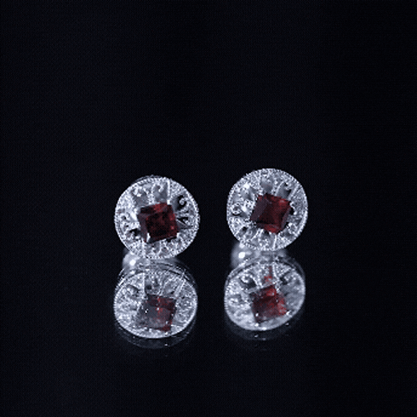 Vintage Inspired Garnet Stud Earrings with Diamond in Silver