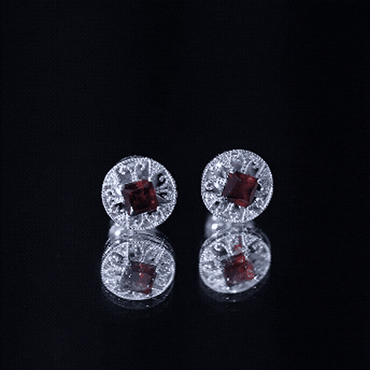 Vintage Inspired Garnet Stud Earrings with Diamond in Silver