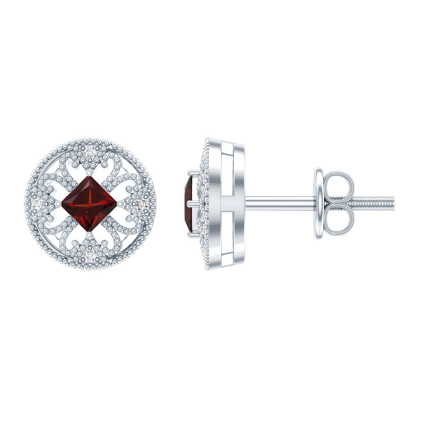 Vintage Inspired Garnet Stud Earrings with Diamond in Silver