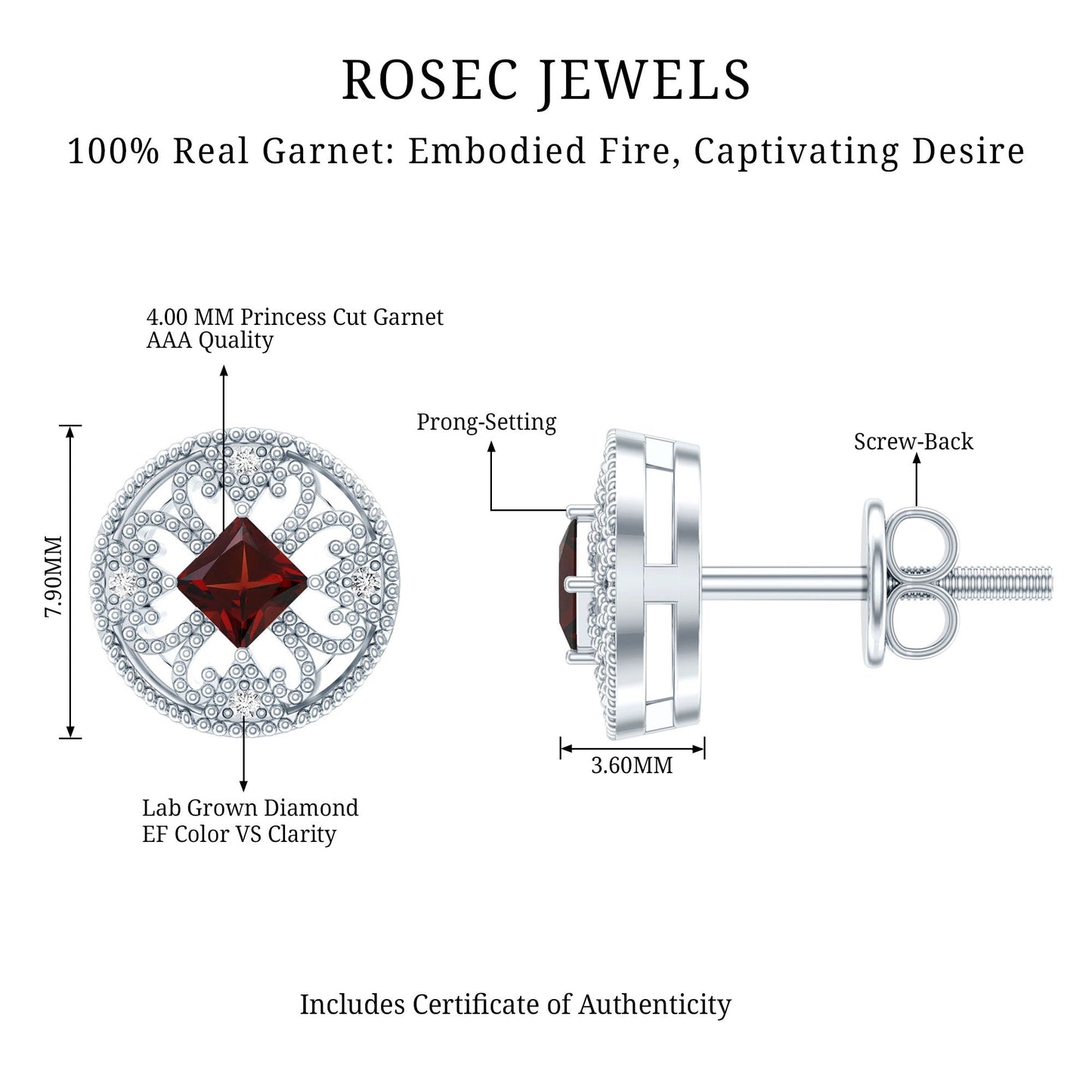 Vintage Inspired Garnet Stud Earrings with Diamond in Silver