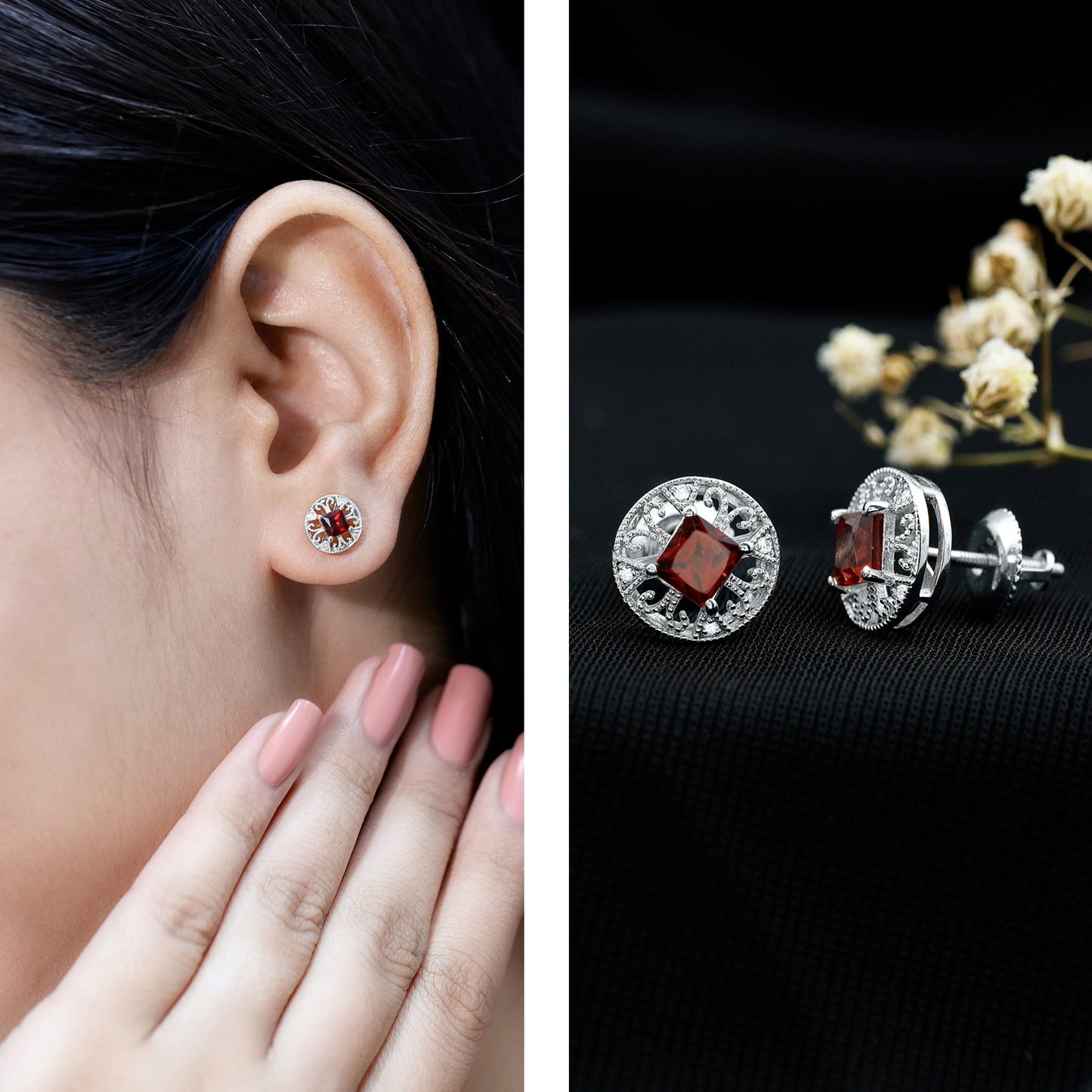 Vintage Inspired Garnet Stud Earrings with Diamond in Silver