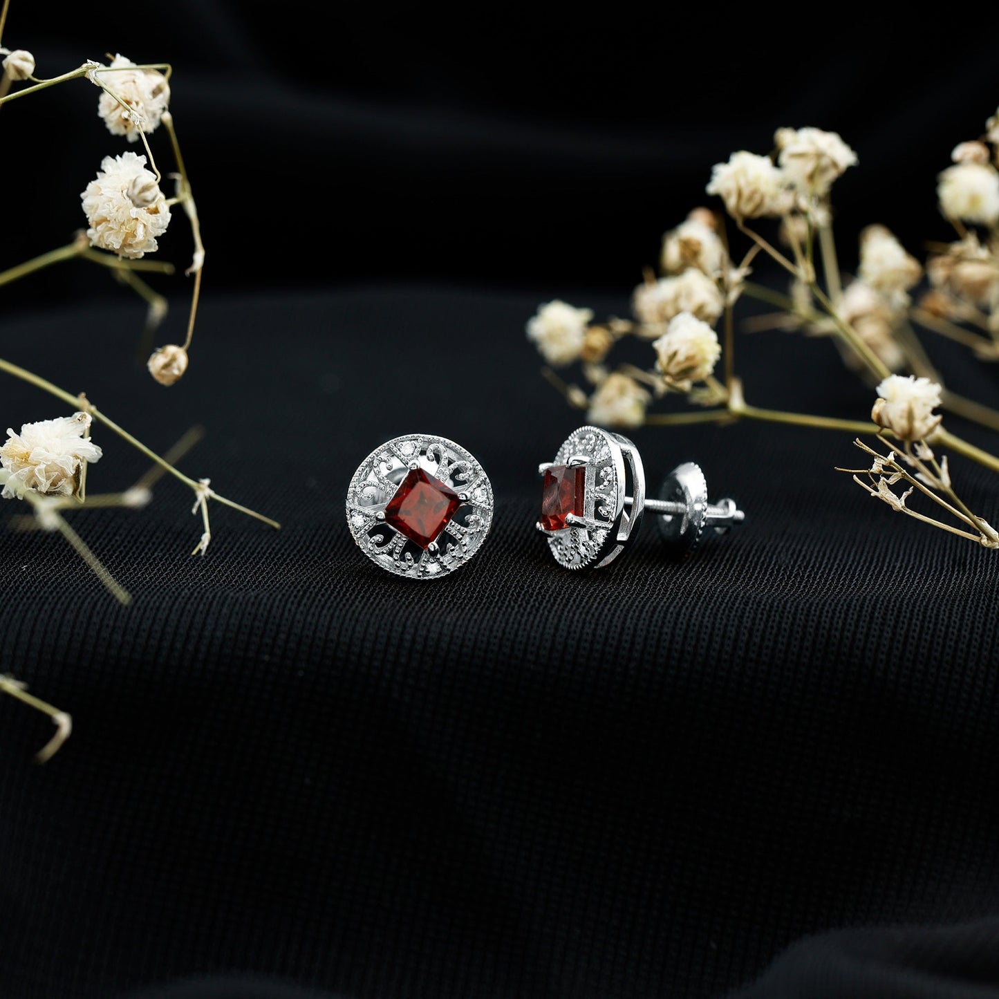 Vintage Inspired Garnet Stud Earrings with Diamond in Silver