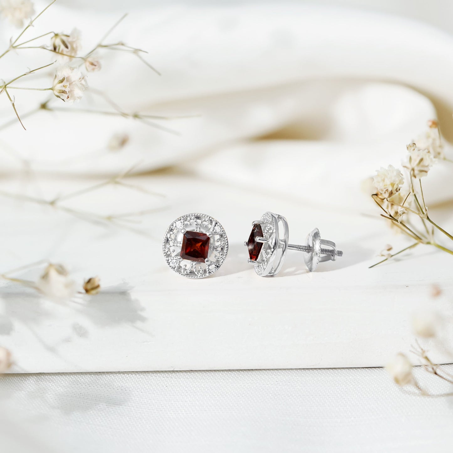 Vintage Inspired Garnet Stud Earrings with Diamond in Silver