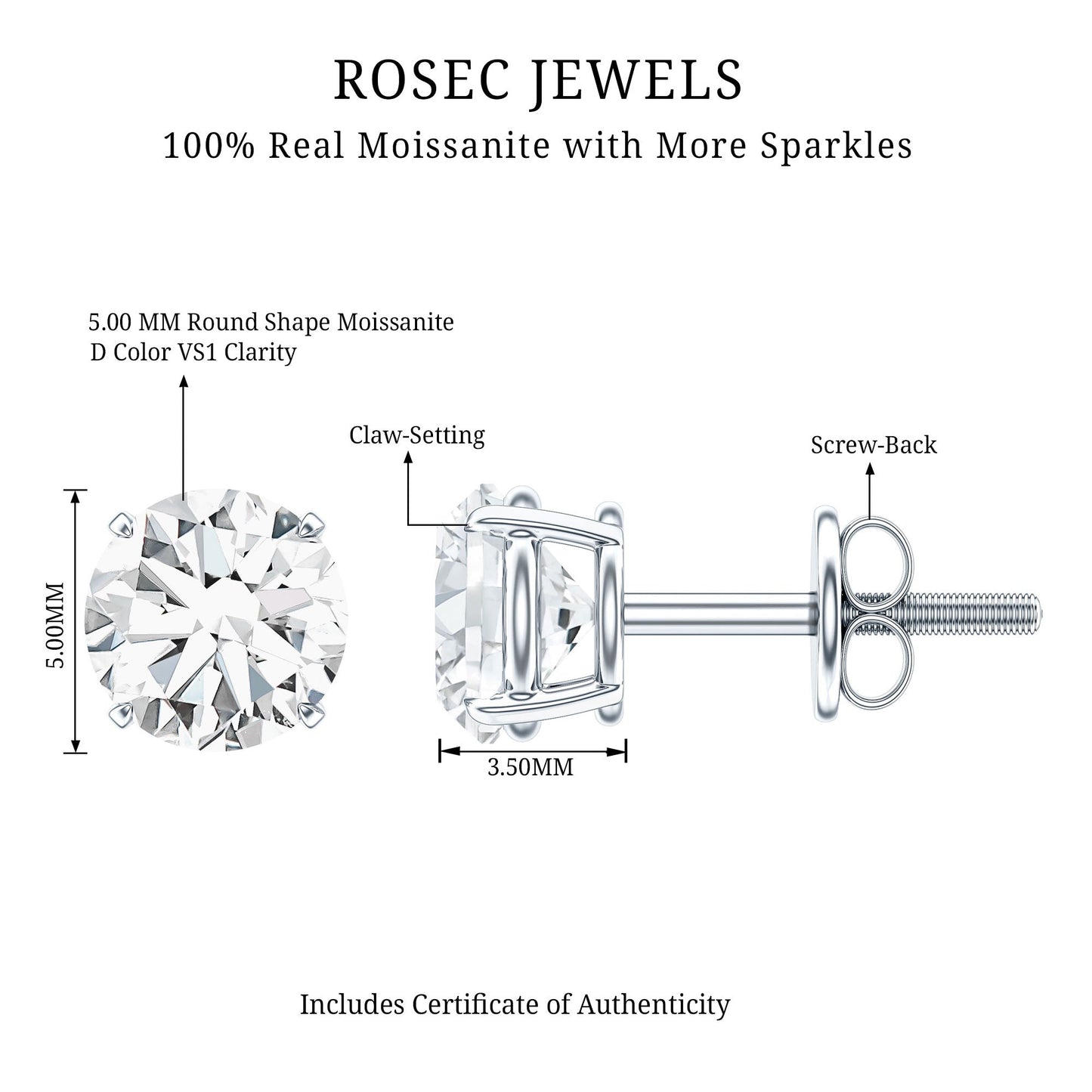 Round Moissanite 1 Carat Stud Earrings with Screw Back