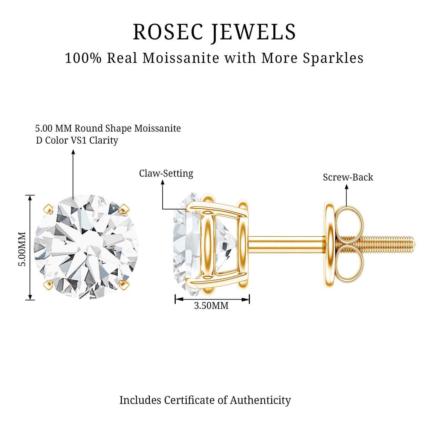 Round Moissanite 1 Carat Stud Earrings with Screw Back
