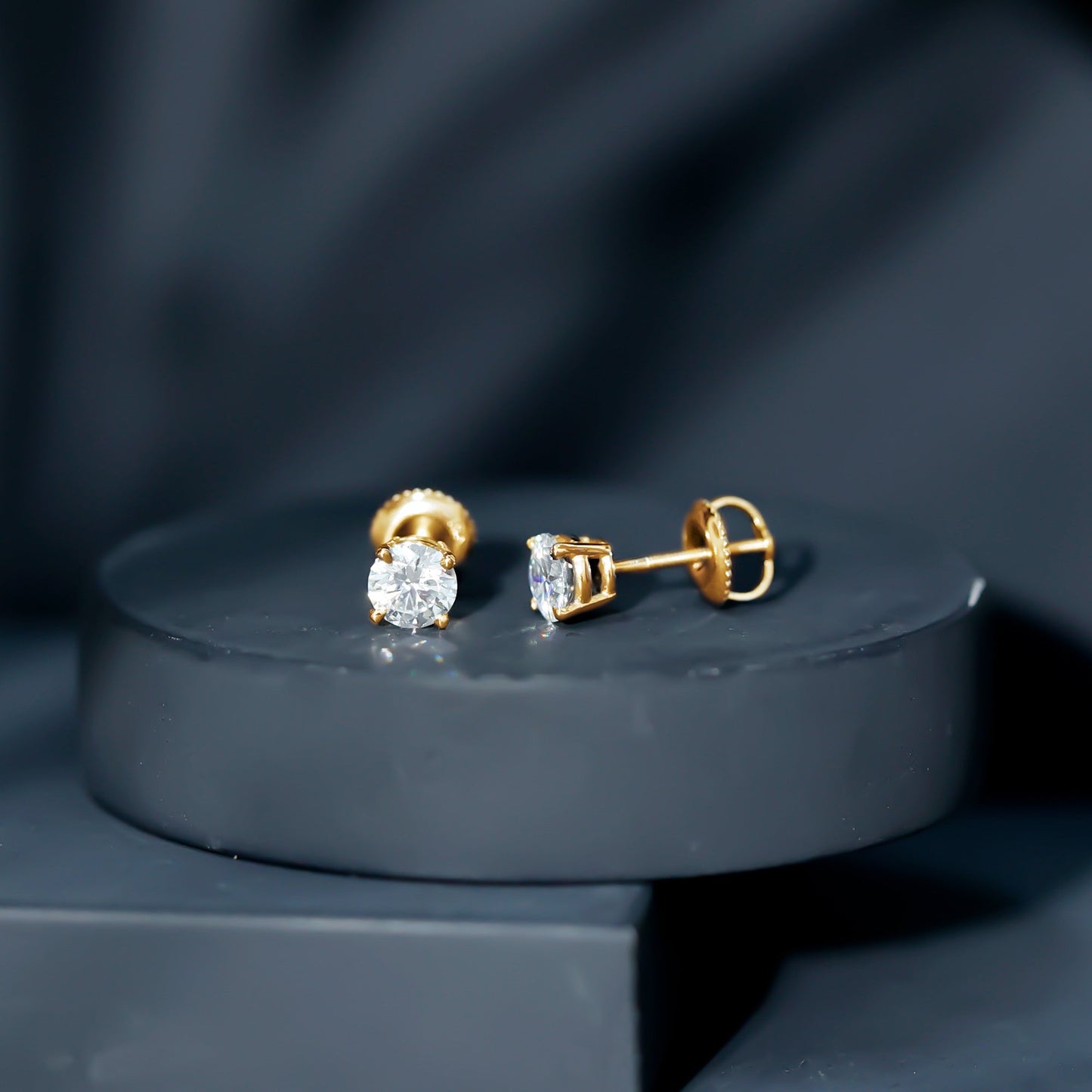 Round Moissanite 1 Carat Stud Earrings with Screw Back