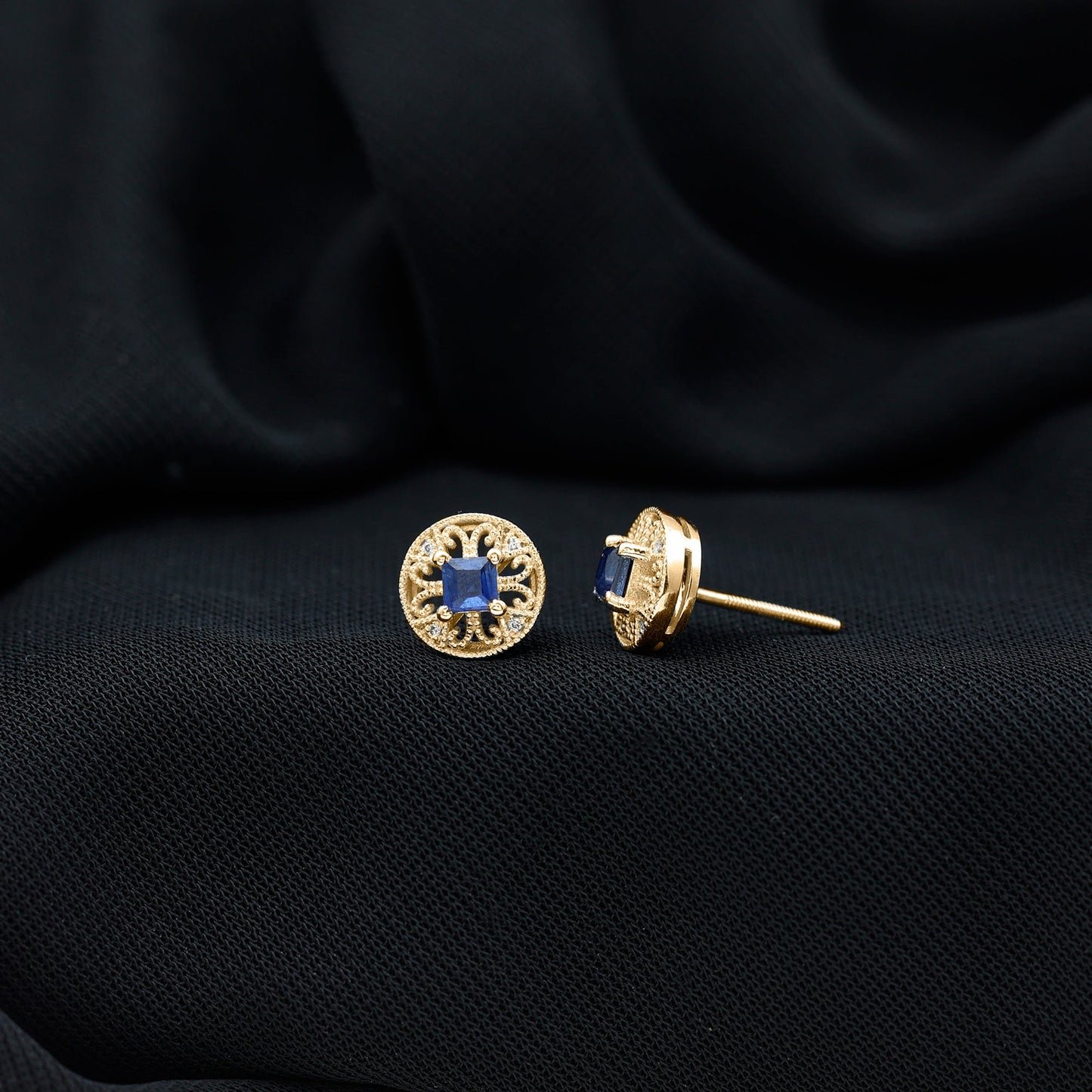 Antique Inspired Blue Sapphire and Diamond Stud Earrings