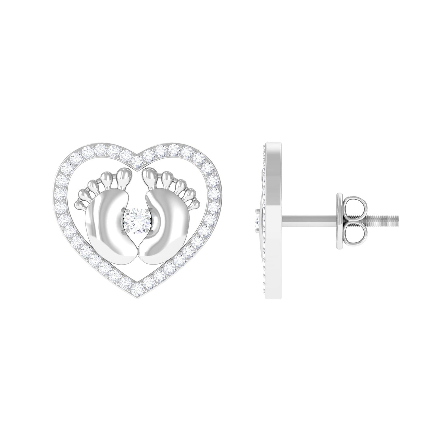 Diamond Heart Stud Earrings with Baby Feet