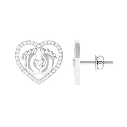 Diamond Heart Stud Earrings with Baby Feet