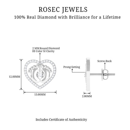 Diamond Heart Stud Earrings with Baby Feet