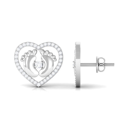 Diamond Heart Stud Earrings with Baby Feet