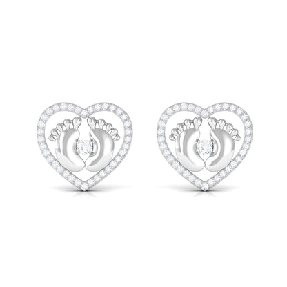 Diamond Heart Stud Earrings with Baby Feet