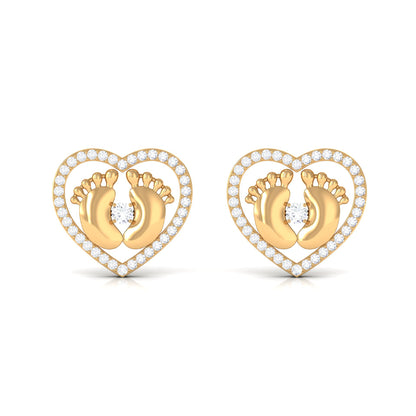 Diamond Heart Stud Earrings with Baby Feet