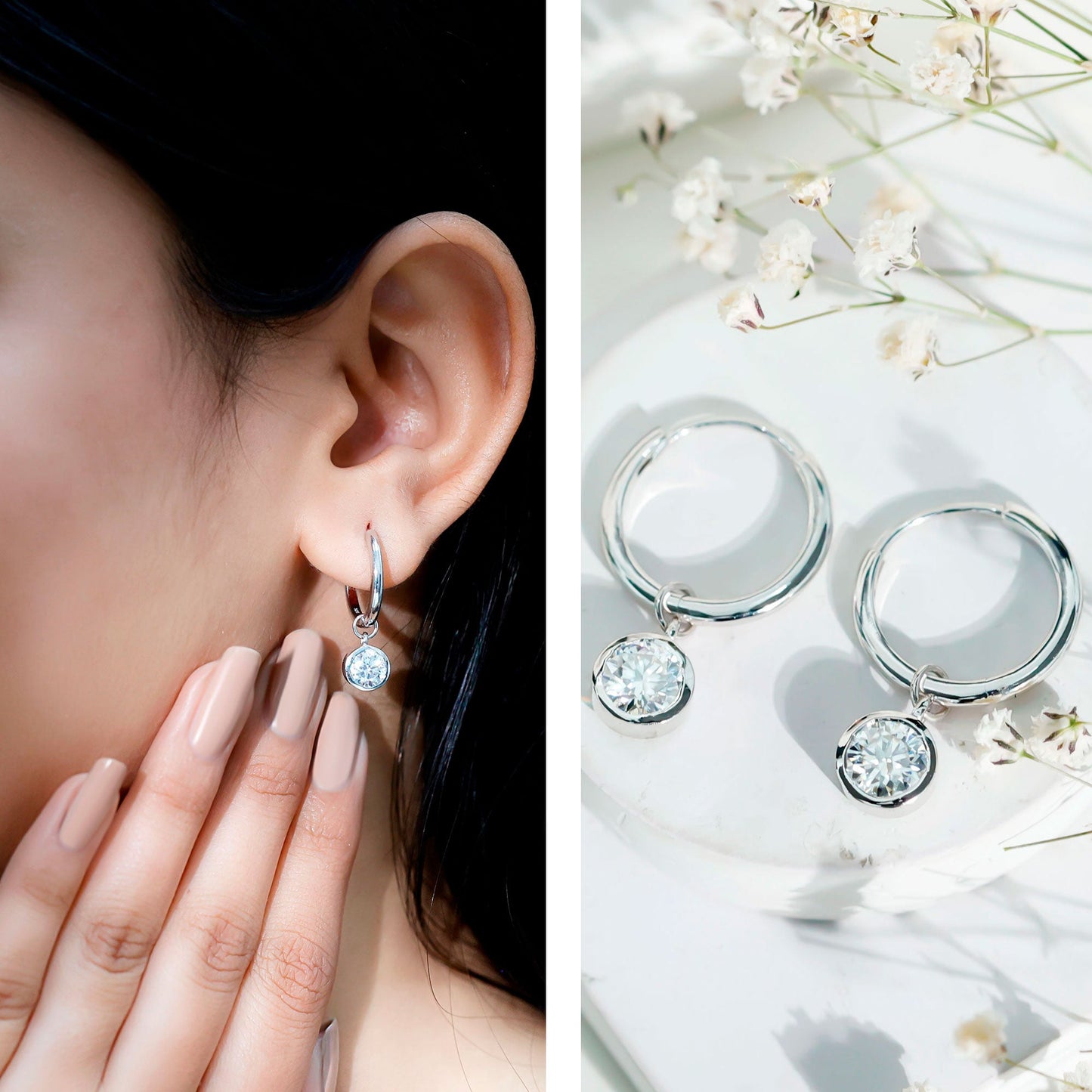 Bezel Set Moissanite and Hinged Hoop Earrings