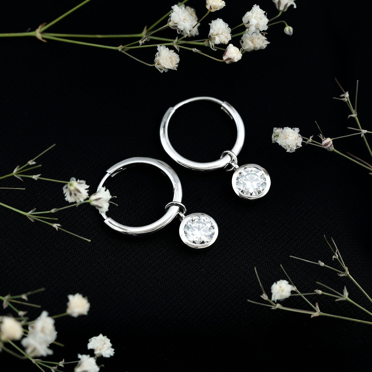 Bezel Set Moissanite and Hinged Hoop Earrings