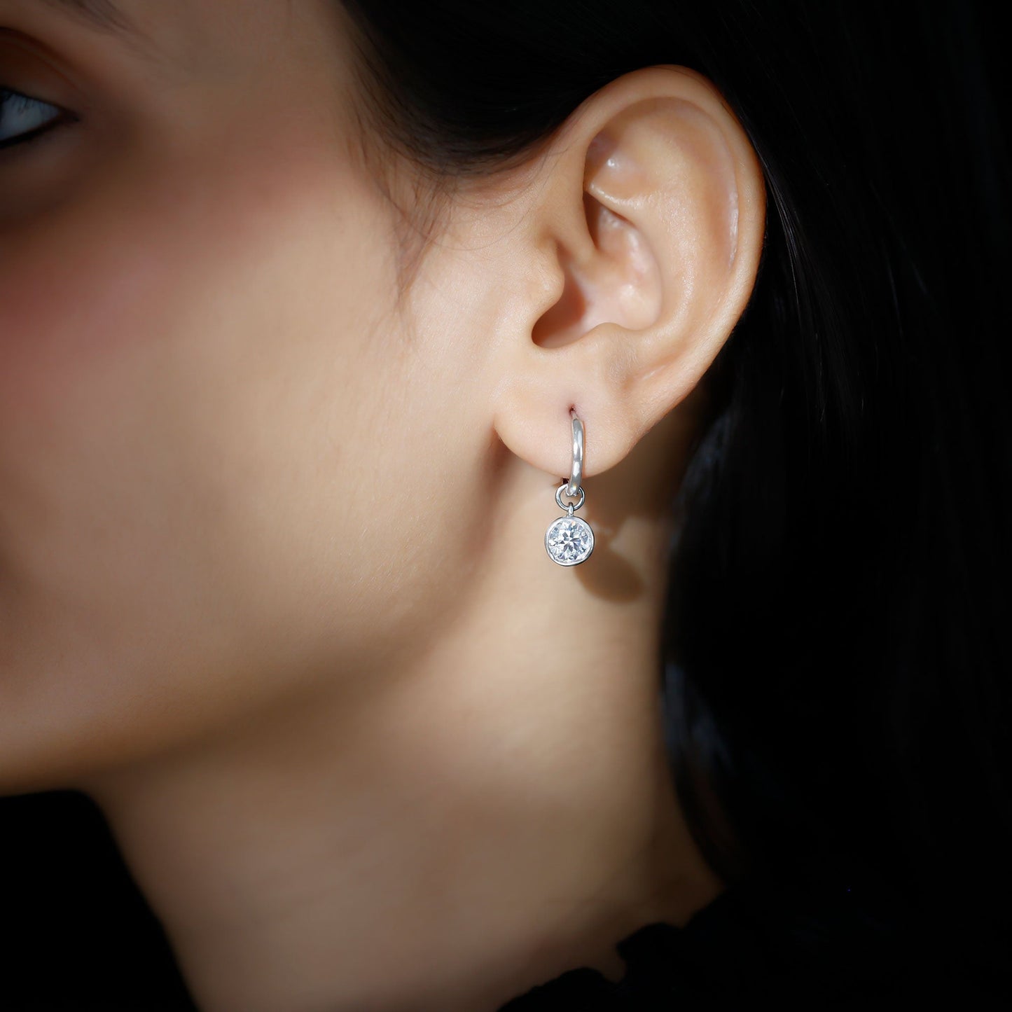 Bezel Set 2 Carat Round Moissanite Drop Hoop Earrings