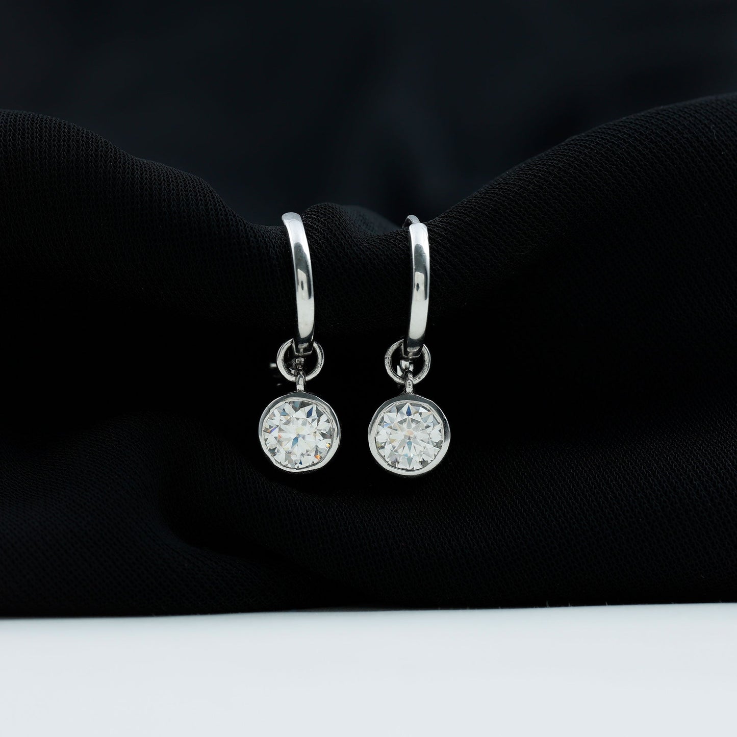 Bezel Set 2 Carat Round Moissanite Drop Hoop Earrings