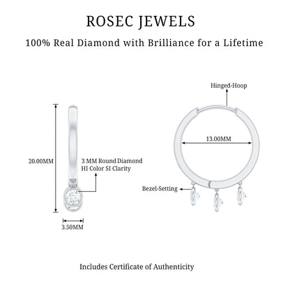 Natural 3 Stone Diamond Drop Hoop Earrings
