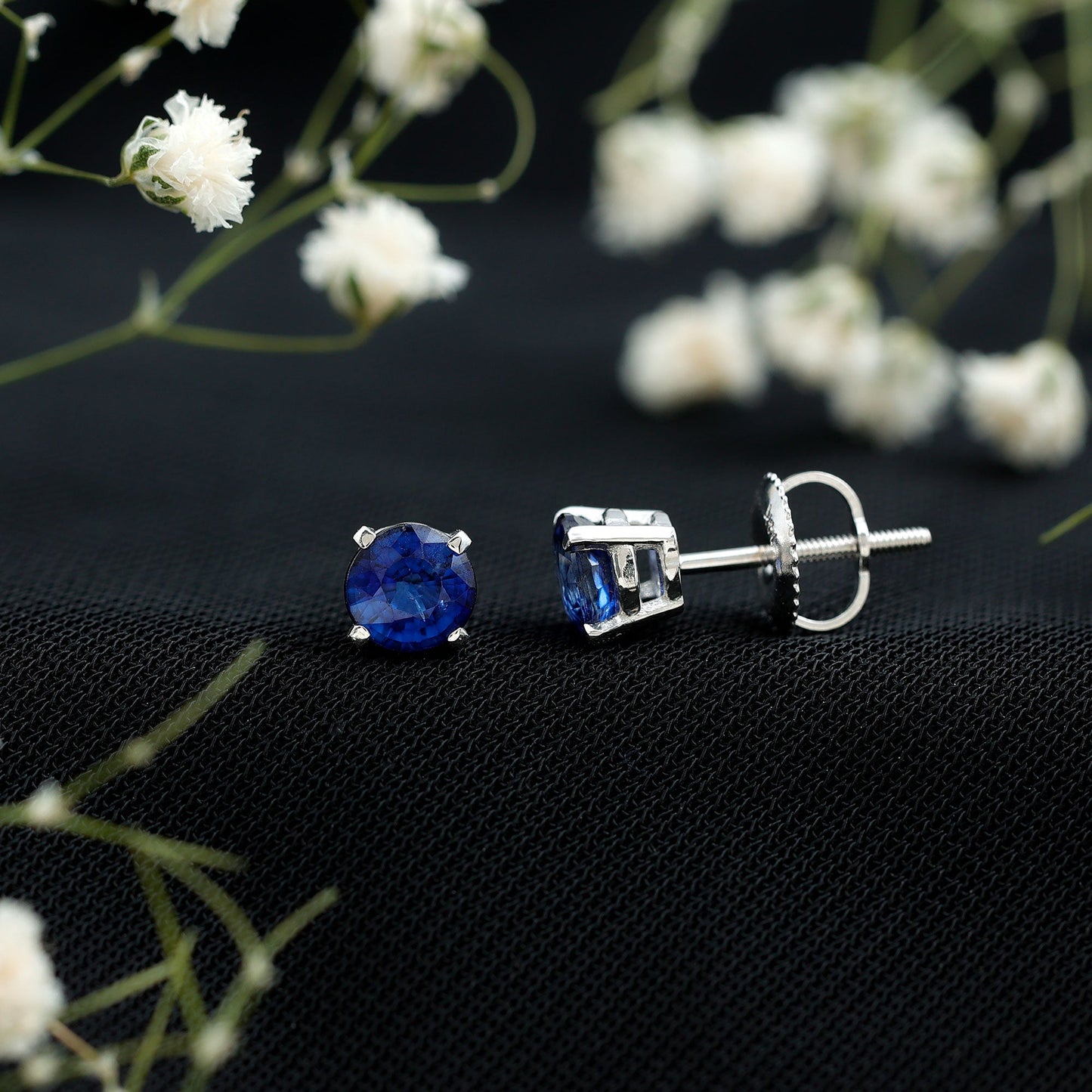 1.9 Carat Round Blue Sapphire Solitaire Stud Earrings in Claw Setting