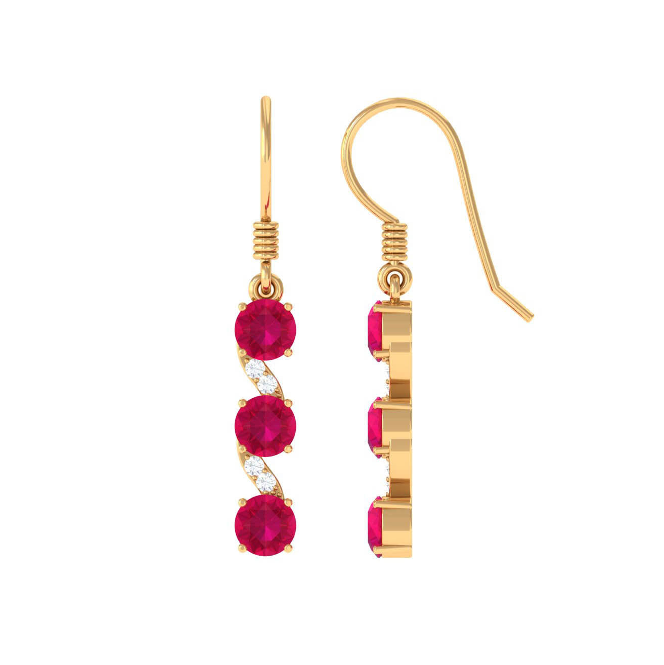 Natural Ruby Diamond Dangle Earrings with Fish Hook