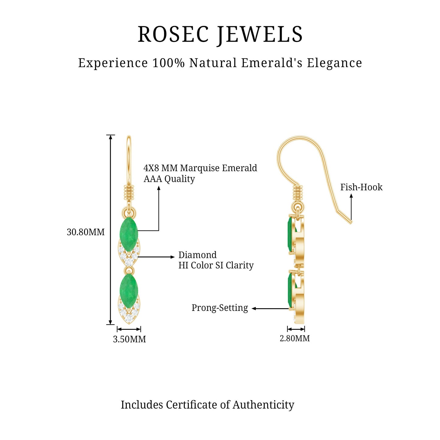 Marquise Cut Emerald Dangle Earrings with Diamond