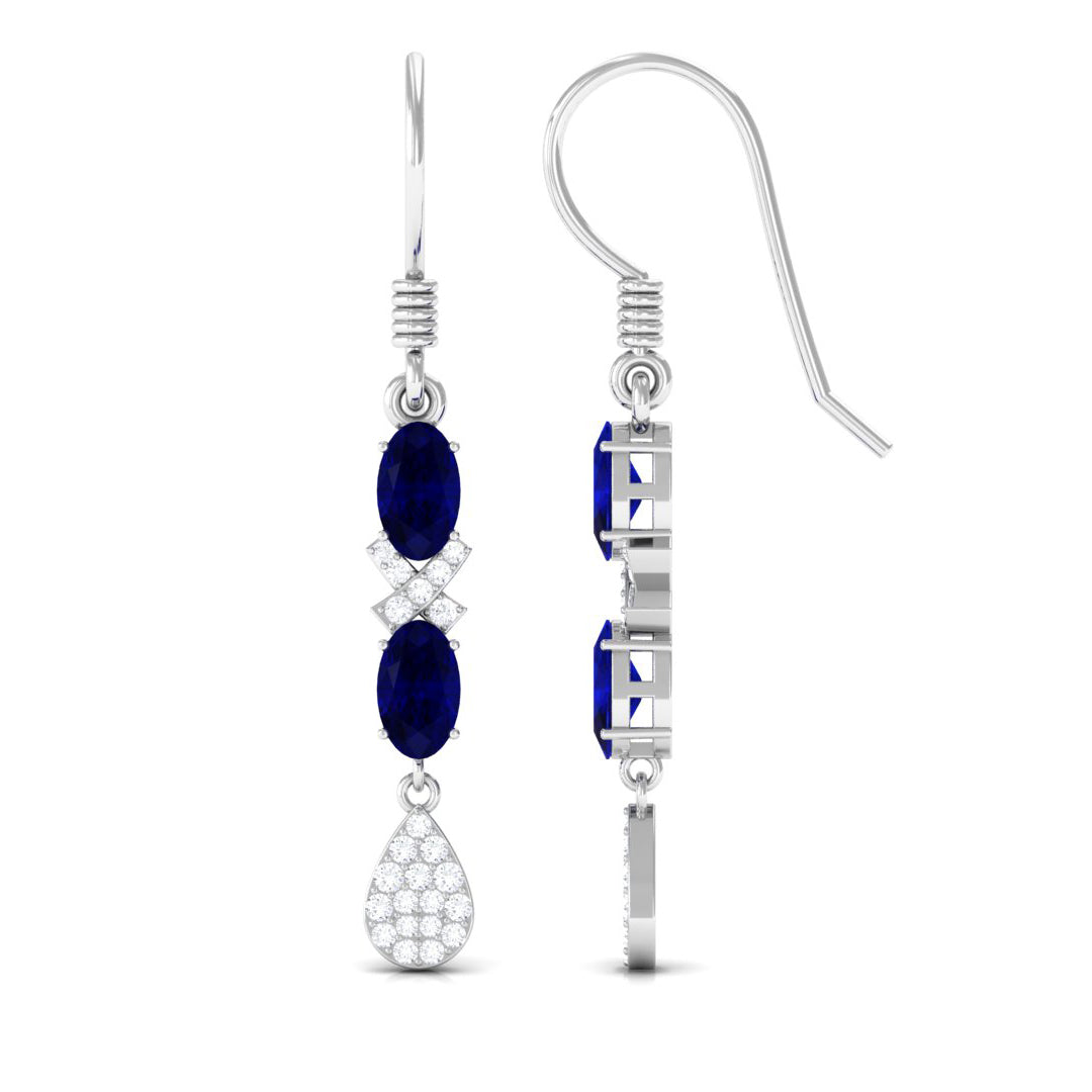 Oval Cut Blue Sapphire and Diamond Dangle Earrings