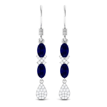 Oval Cut Blue Sapphire and Diamond Dangle Earrings