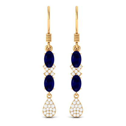 Oval Cut Blue Sapphire and Diamond Dangle Earrings