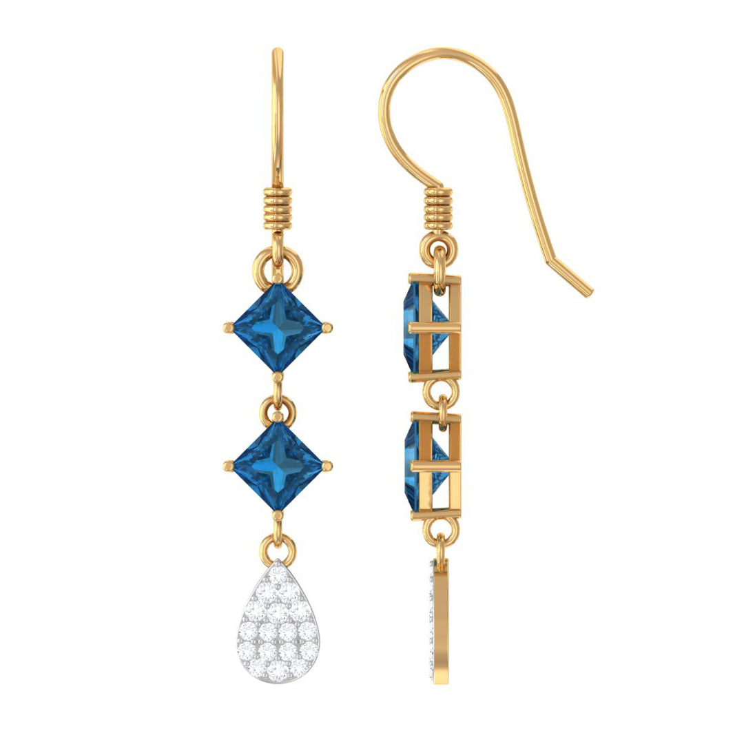 Princess Cut London Blue Topaz Dangle Earrings With Diamond