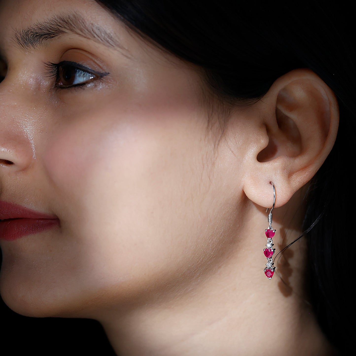 Lab Grown Ruby Heart Dangle Earrings with Diamond