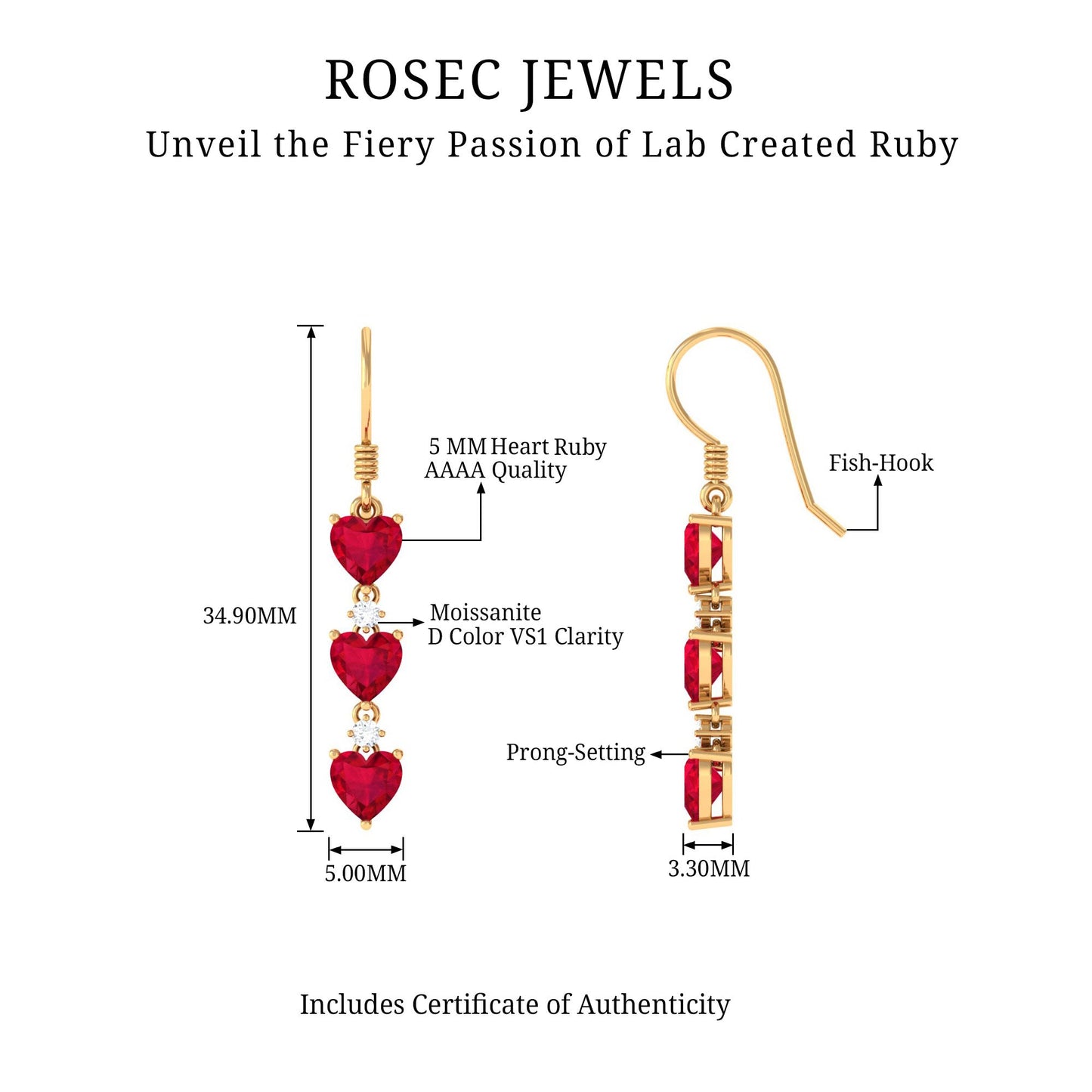Lab Grown Ruby Heart Dangle Earrings with Diamond