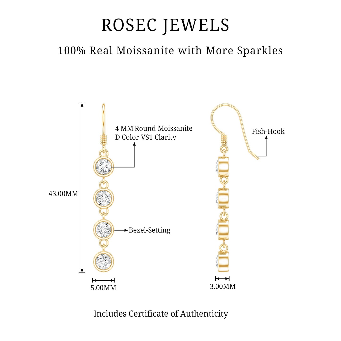 Bezel Set Round Moissanite Simple Dangle Earrings