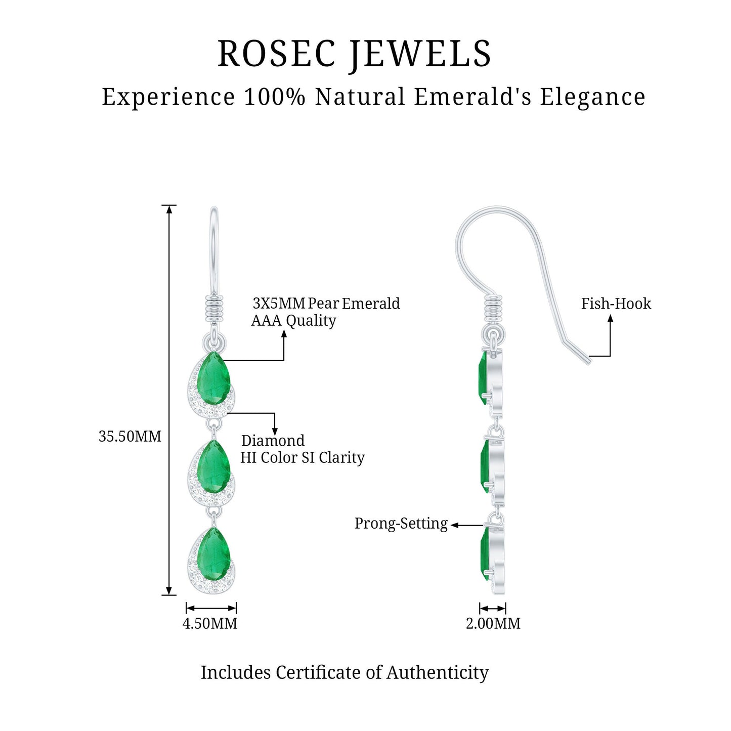 Pear Cut Emerald Dangle Earrings with Diamond