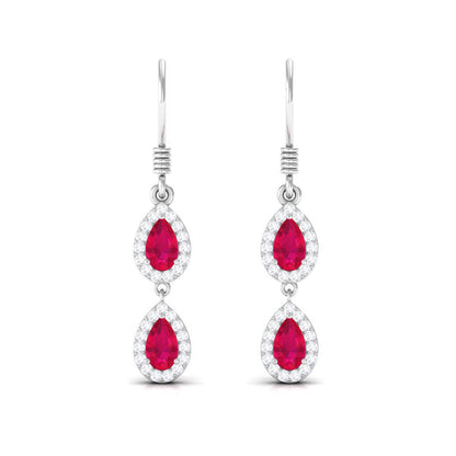 Real Pear Shape Ruby Dangle Earrings with Diamond